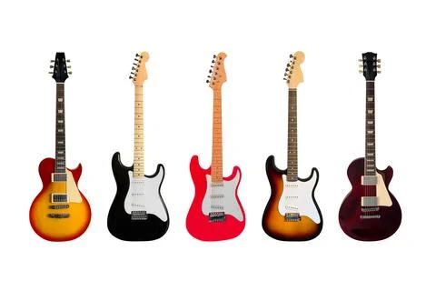 Set of different colored electric guitars isolated on white background Stock Photos