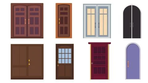 Set of different colored entrance doors isolated on white background. Clipart Stock Illustration