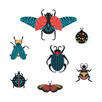 A set with different colored insects. Illustration of abstract bright beetles Stock Illustration