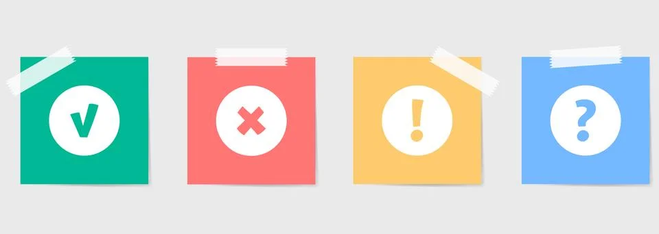 Set of different colored sheets of note papers with check, cross, exclamation Stock Illustration
