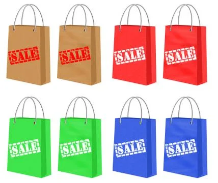 Set of Different Colored Shopping Paper Bags With Sale Signs 库存插图
