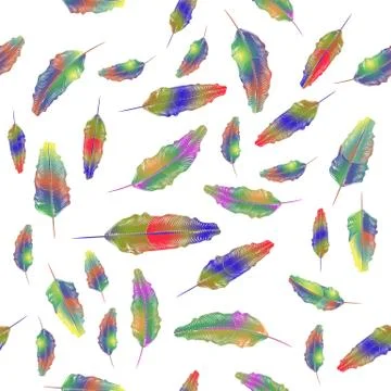 Set of Different Colorful Feathers Seamless Pattern Isolated on White Background Illustrazione stock