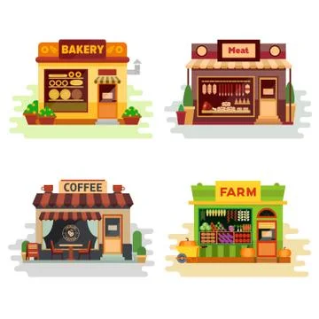 Set of different colorful shops bakery, meat shop, coffee shop, farm products Stock Illustration