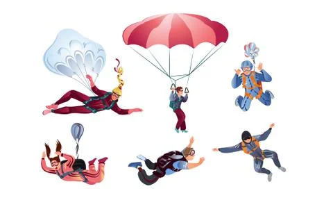 Set of different colorful skydivers. Vector illustration in flat cartoon style Stock Illustration