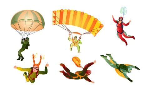 Set of different colorful skydivers. Vector illustration in flat cartoon style Stock Illustration