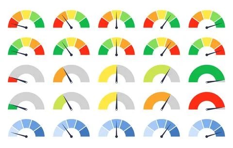 Set of different colorful speedometers, meter gauge element, ratings of var.. Stock Illustration