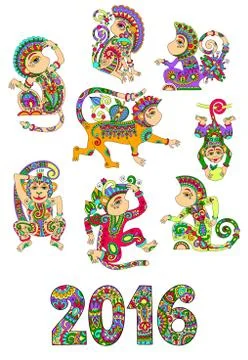 Set of different colors decorative monkey - chinese symbol 2016 Stock Illustration