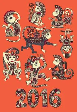 Set of different colors decorative monkey - chinese symbol 2016 Stock Illustration