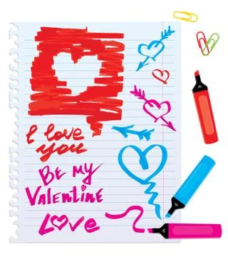 Set of different colors markers and marks - sketch elements for valentines da Stock Illustration