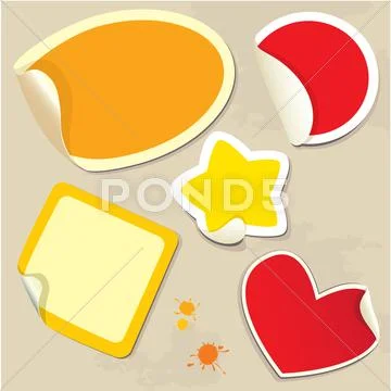 Set of different colors stickers with twisted corners - oval, round, square, Stock Illustration