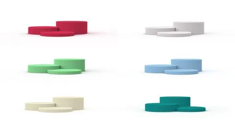 Set of different coloured 3D podiums for products presentation. 3D illustration. Illustrazione stock
