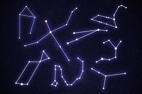 Set with different constellation stick figure patterns in starry night sky Stock Photos