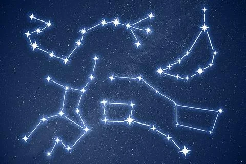 Set with different constellation stick figure patterns in starry night sky Stock Photos