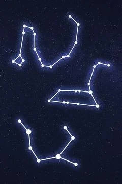 Set with different constellation stick figure patterns in starry night sky Stock Photos