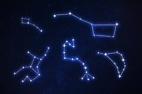 Set with different constellation stick figure patterns in starry night sky Stock Photos
