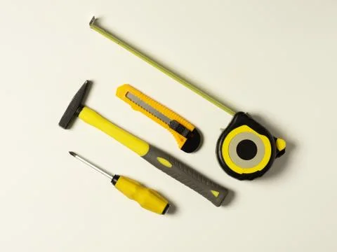 Set of different construction tools on white background. Stock Photos