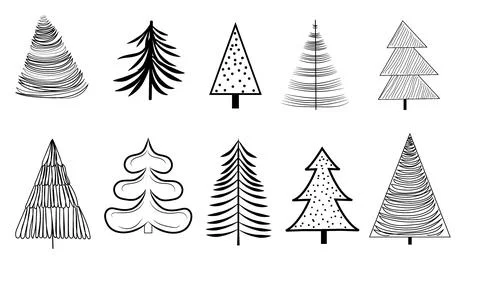 Set of different contour Christmas trees Stock Illustration