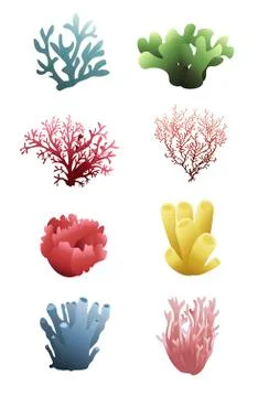 Set of different corals, red, blue, yellow, green, blue, pink colors with 3D  Stock Illustration