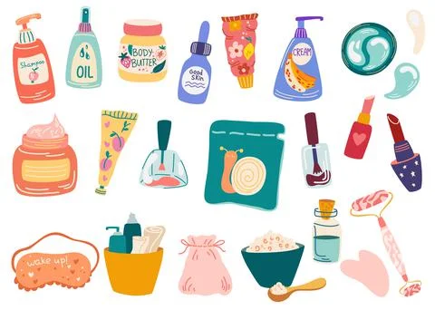 Set of different cosmetics. Organic cosmetics and makeup items in bottles, tu Stock Illustration