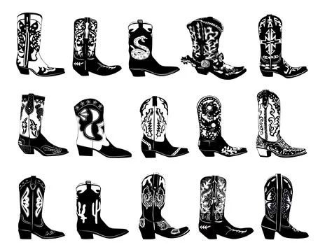Set of different cowboy boots black vector drawing Stock Illustration