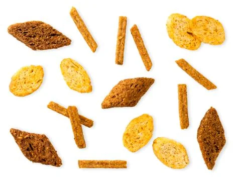 Set of different crackers on a white background. The view of top. Stock Photos