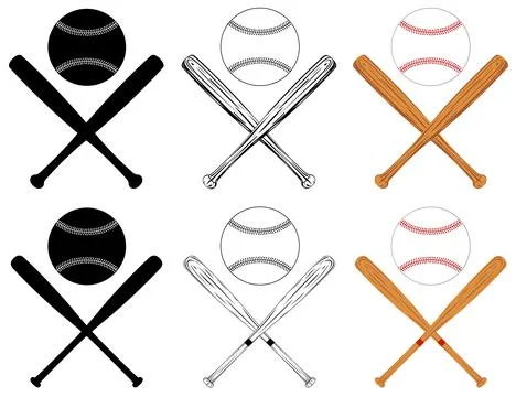 Set of different crossed baseball bats Stock Illustration