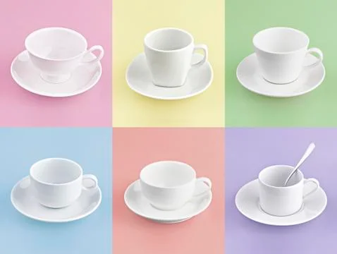 Set of different cup of coffee on many color background Stock Photos