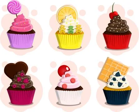 A set of different cupcakes with cream and topping. Poster of cakes with berries Stock Illustration