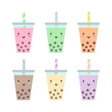 Set of different cups with bubble tea. Stock Illustration