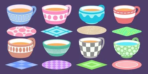 Set of different cups an coasters for them. Stock Illustration