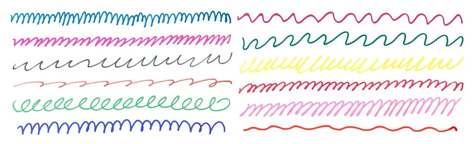 Set of different curved lines drawn with felt-tip pen. Brushes with marker Stockillustratie