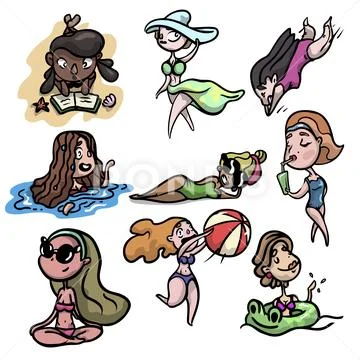 Set of different cute and sexy girl on hot beach Stock Illustration