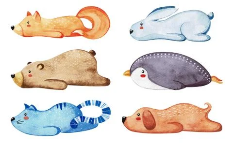Set of different cute animals. Lazy animals. Watercolor. Stock Illustration