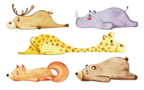 Set of different cute animals. Lazy animals. Watercolor. Stock Illustration