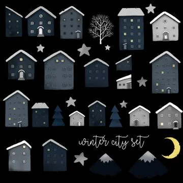 Set of different cute blue winter houses, stars and moon Stock Illustration