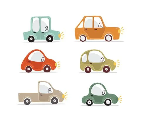 Set of different cute car icons, kids illustration for boys, safety on the ro Stock Illustration