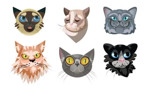 Set of different cute cat faces. Vector illustration in flat cartoon style. Illustrazione stock