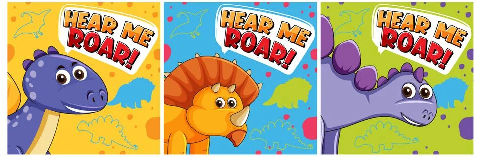 Set of different cute dinosaur posters with speech font Stock Illustration