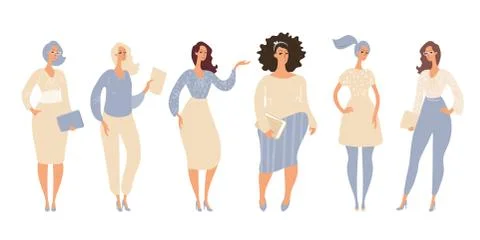 Set of different cute female characters in modern casual clothes. Standing wo Stock Illustration