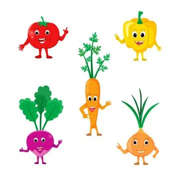 Set of different cute happy vegetable characters. Funny tasty vegetables Stock Illustration