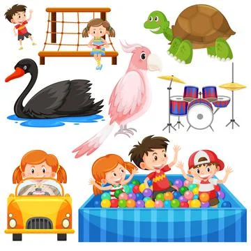 Set of different cute kids and objects Ilustração Stock