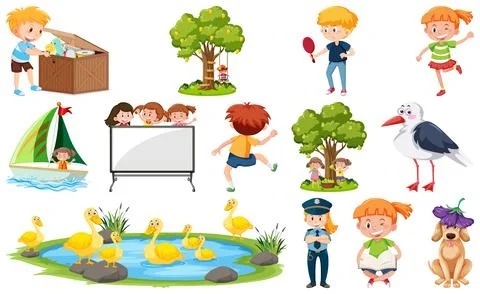 Set of different cute kids and objects Ilustración de archivo