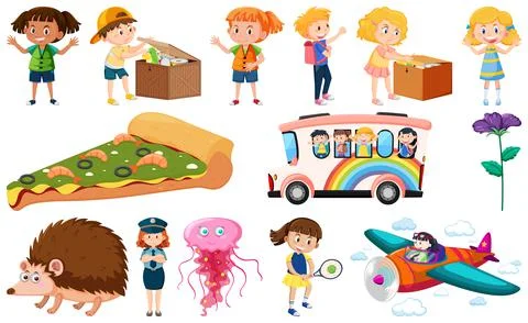 Set of different cute kids and objects Ilustração Stock