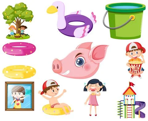 Set of different cute kids and objects Stock Illustration