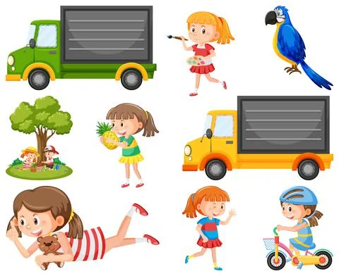 Set of different cute kids and objects Ilustração Stock