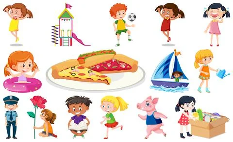 Set of different cute kids and objects Ilustração Stock