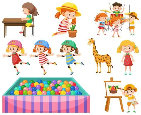 Set of different cute kids and objects Ilustração Stock