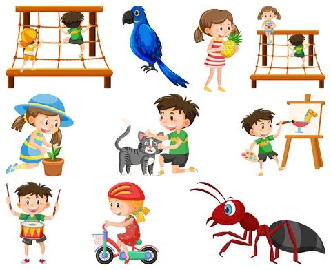 Set of different cute kids and objects Ilustración de archivo