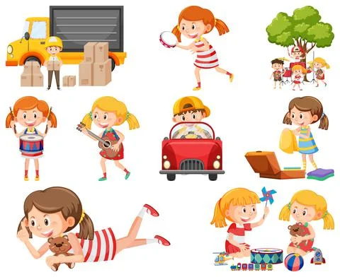 Set of different cute kids and objects Stock Illustration