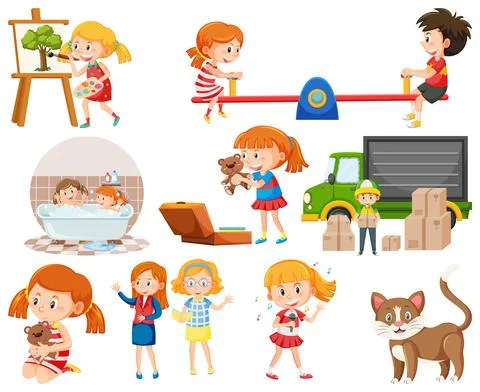 Set of different cute kids and objects Ilustração Stock